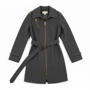 Michael Kors Charcoal Gray Wool Blend Belted Zip Coat Gold Hardware